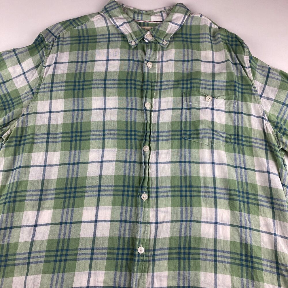 Weatherproof Vintage Mens XXL Linen Shirt Green Plaid Button Up Short Sleeve